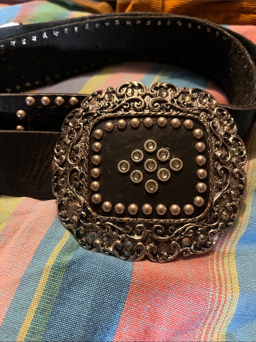 Kurtmen Women's Black Leather Belt hair on hide with Ornate Silver Buckle